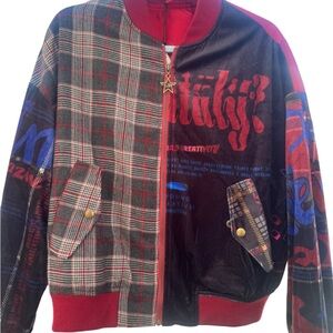 Plaid and Graphic Bomber Jacket